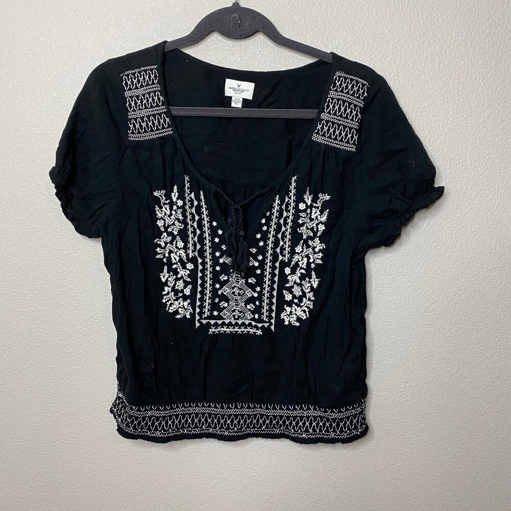 AE Black Embroidered Tasseled Neck Blouse